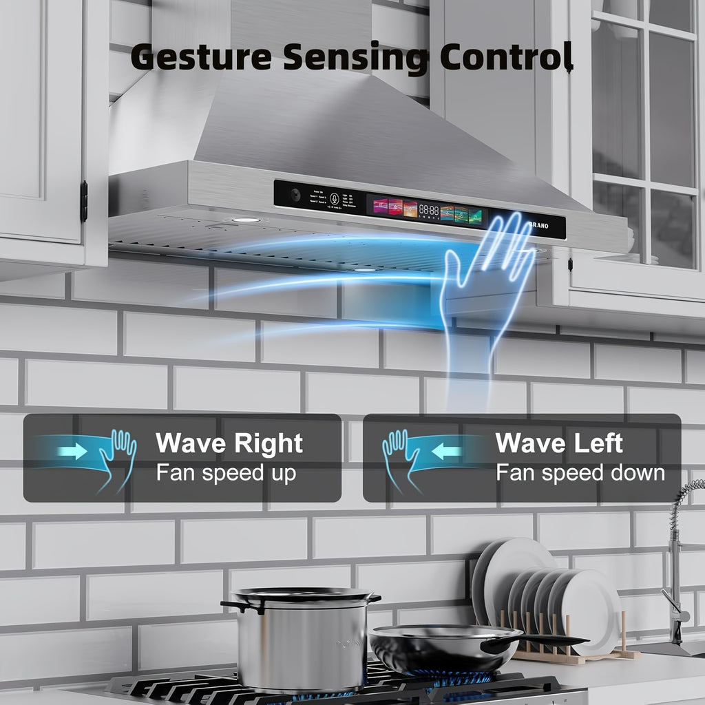 900CFM Wall-Mounted Range Hood, Stainless Steel, Voice/Gesture/Touch Control, Convertible Ducted/Ductless Kitchen Exhaust Fan, 4-Speed Fan, Memory Mode, 4 Adjustable Lights