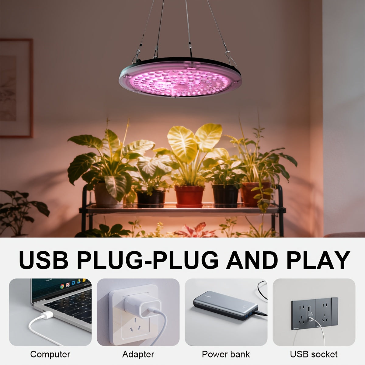 120 LED Full Spectrum Plant Grow Light, 2/4/8H Timer, 4 Dimmable Brightness Levels, 7.08 Inch Large Disc Plant Light with Hanging Chain, USB 5V Powered, Ideal for Promoting Growth of Small & Medium Indoor Plants