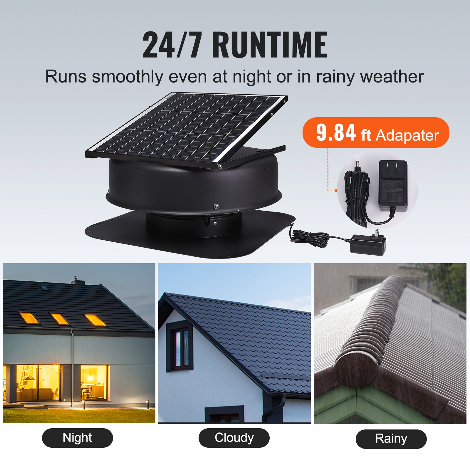 VEVOR Solar Attic Fan, 40W, 1230 CFM High-Airflow Solar Roof Vent Fan, 110V Smart Adapter, Low Noise & Wind-Resistant, for Home, Greenhouse, Garage, Store, RV, FCC Certified