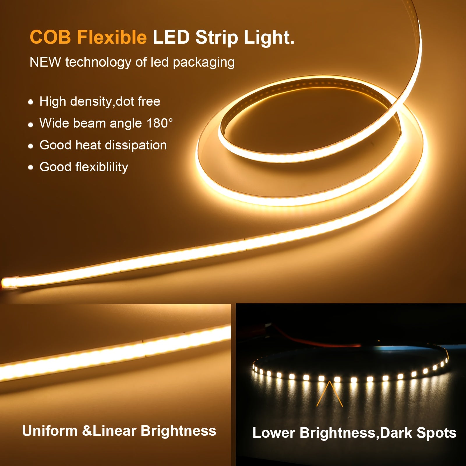 12V COB LED燈條，高密度軟矽膠燈帶，320 LED/公尺，8mm PCB線性燈，提供3000K、4000K和6000K