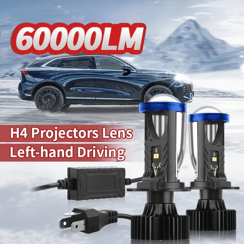 2 H4 High/Low Integrated Headlight Bulbs, 60,000 Lumens 420W 3570 CSP Chip New LED Projector Lens, 6000K White Light Super Bright Source, Suitable for Motor Vehicles, Left-Hand Drive, 12-24V, No Battery Needed