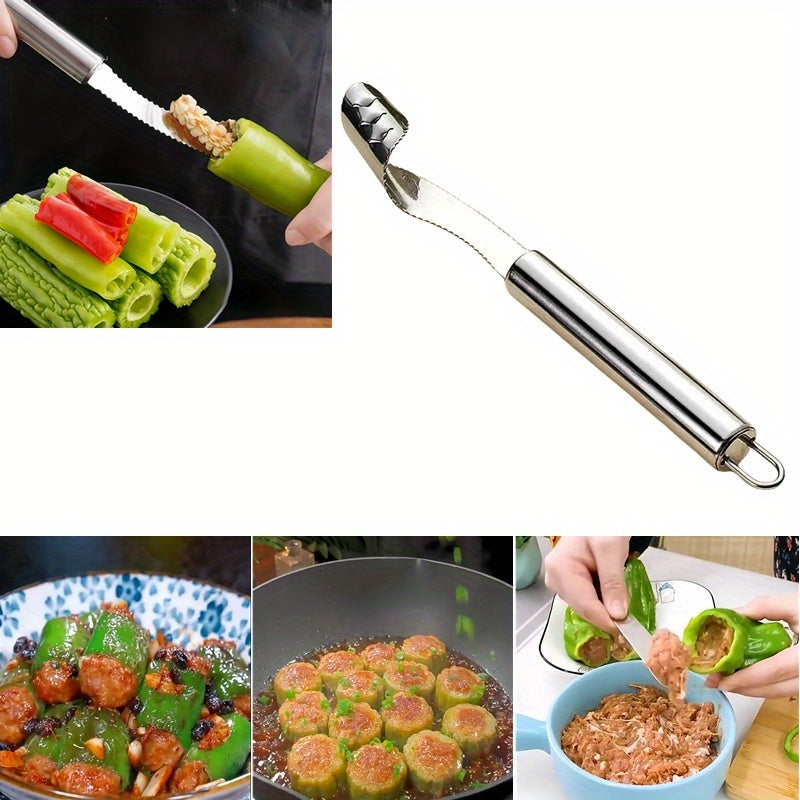 Household Chili Corer, Multifunctional Serrated Stainless Steel Pepper Seed Remover, Kitchen Tool for Seeding Bell Pepper Chili Bitter Melon