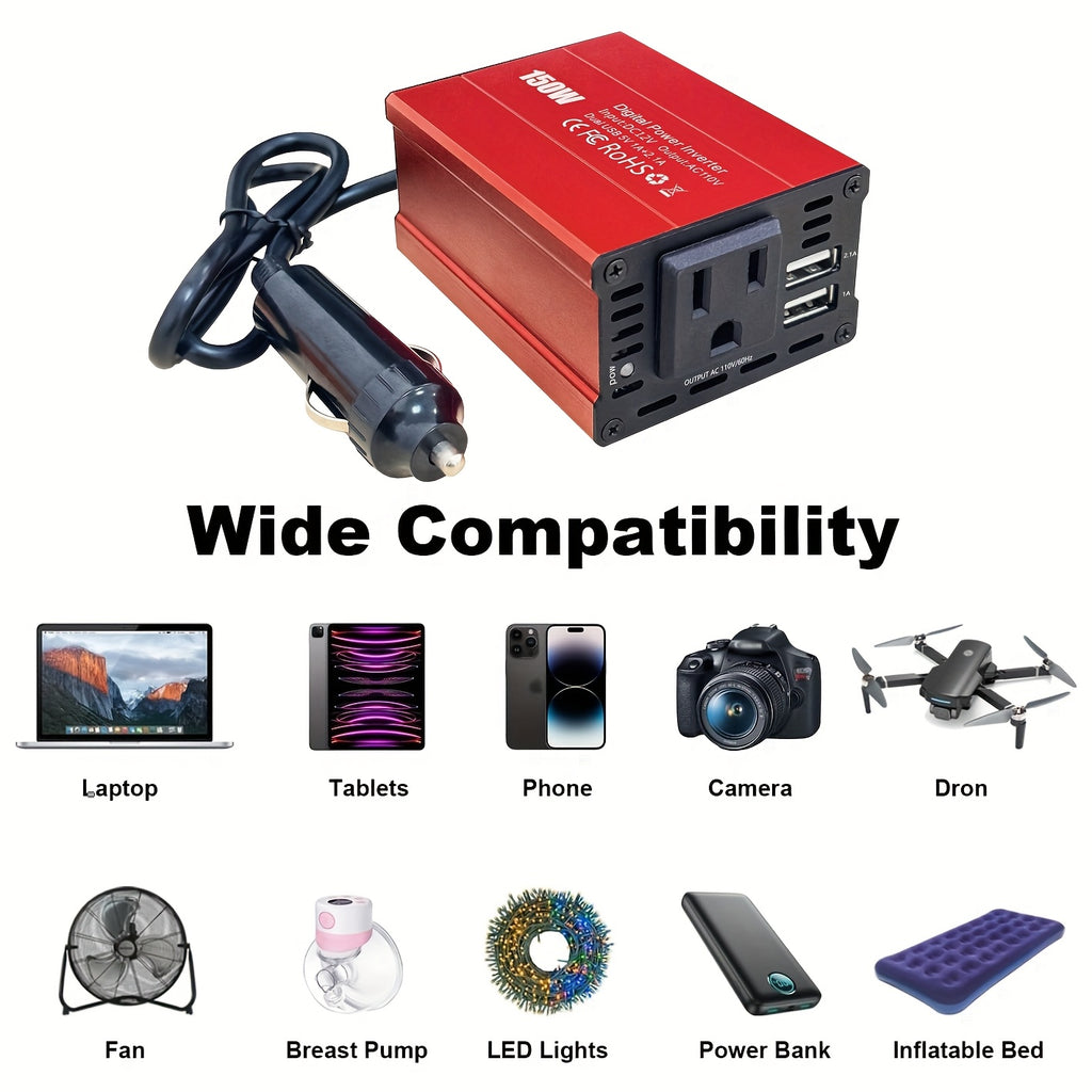 150W 车载逆变器 12V DC 转 110V AC 车载插头适配器转换器，带 3.1A 双 USB AC 车载充电器，适用于笔记本电脑，不含电池