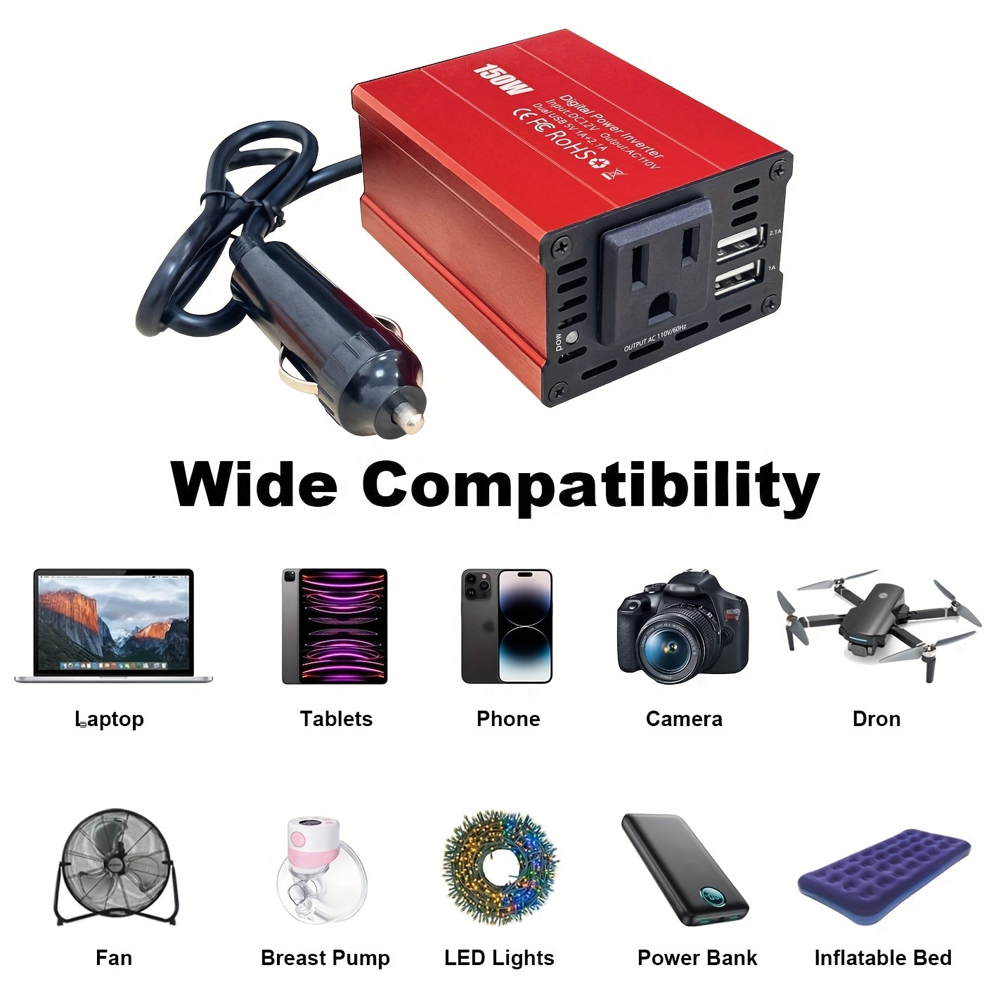 150W 车载逆变器 12V DC 转 110V AC 车载插头适配器转换器，带 3.1A 双 USB AC 车载充电器，适用于笔记本电脑，不含电池