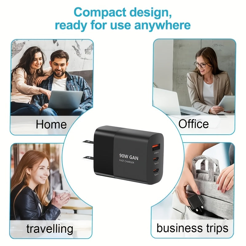 90W 3-port Fast Charging USB-C Charger, American Plug, Portable Charging Set