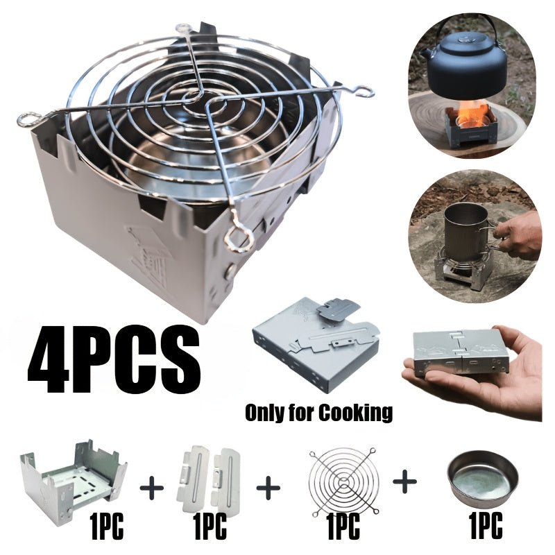 4-Piece Mini Folding Camping Stove Set - Compact Design with Windscreen & Fuel Tray, Dual-Use for Wood/Charcoal, Ideal for Hiking, Camping & Emergency Survival Kit Essentials | Perfect for Pots, Pans & Skillets, For Cooking Only, Not for Food Contact