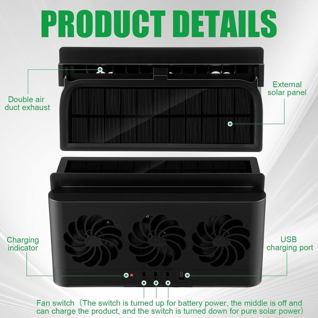 Solar/USB Dual Power Car Exhaust Fan with Rechargeable Battery - Portable Fast Cooling and Deodorizing Ventilation System, Modern Geometric Design, Auto On/Off for Smoking, Suitable for Cars, Trucks, RVs and Boats (Black/White)