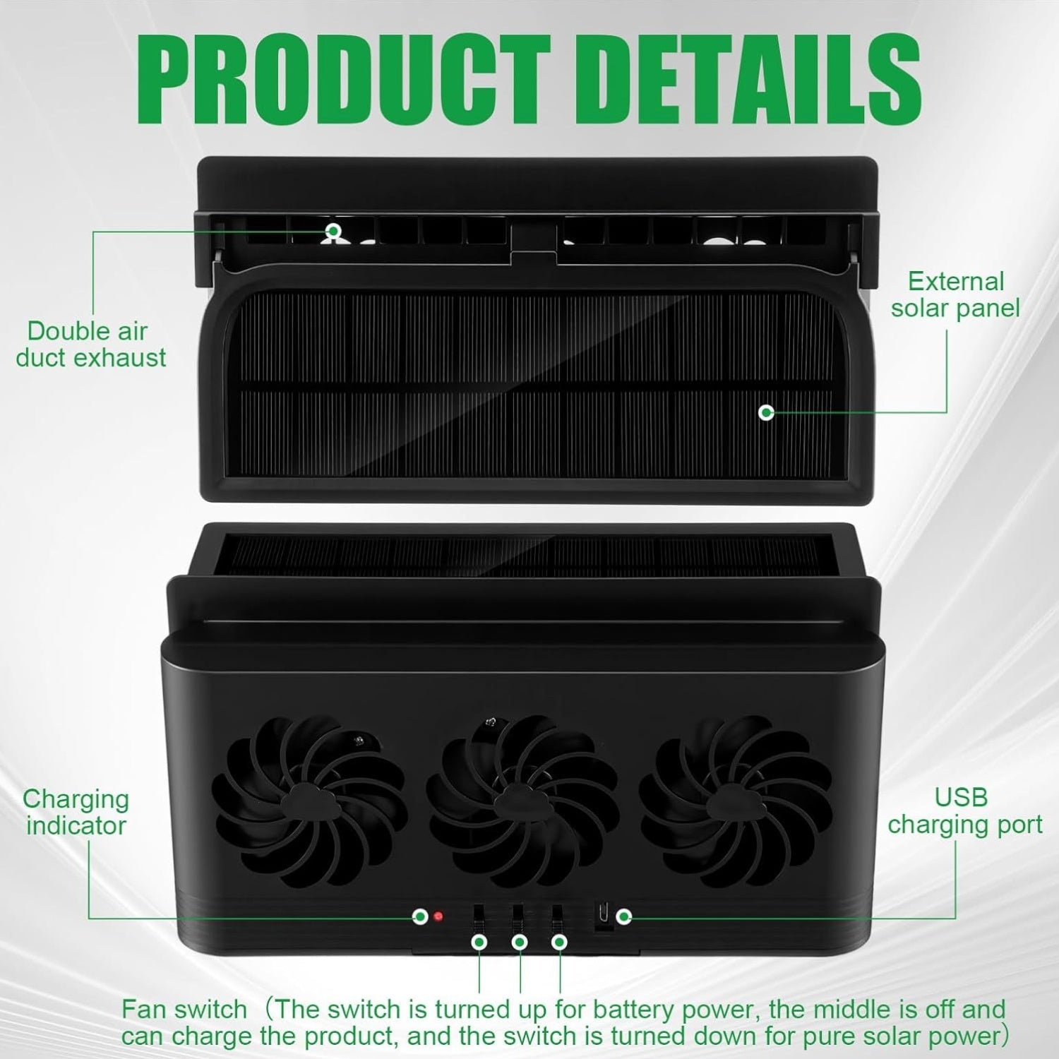 Solar/USB Dual Power Car Exhaust Fan with Rechargeable Battery - Portable Fast Cooling and Deodorizing Ventilation System, Modern Geometric Design, Auto On/Off for Smoking, Suitable for Cars, Trucks, RVs and Boats (Black/White)