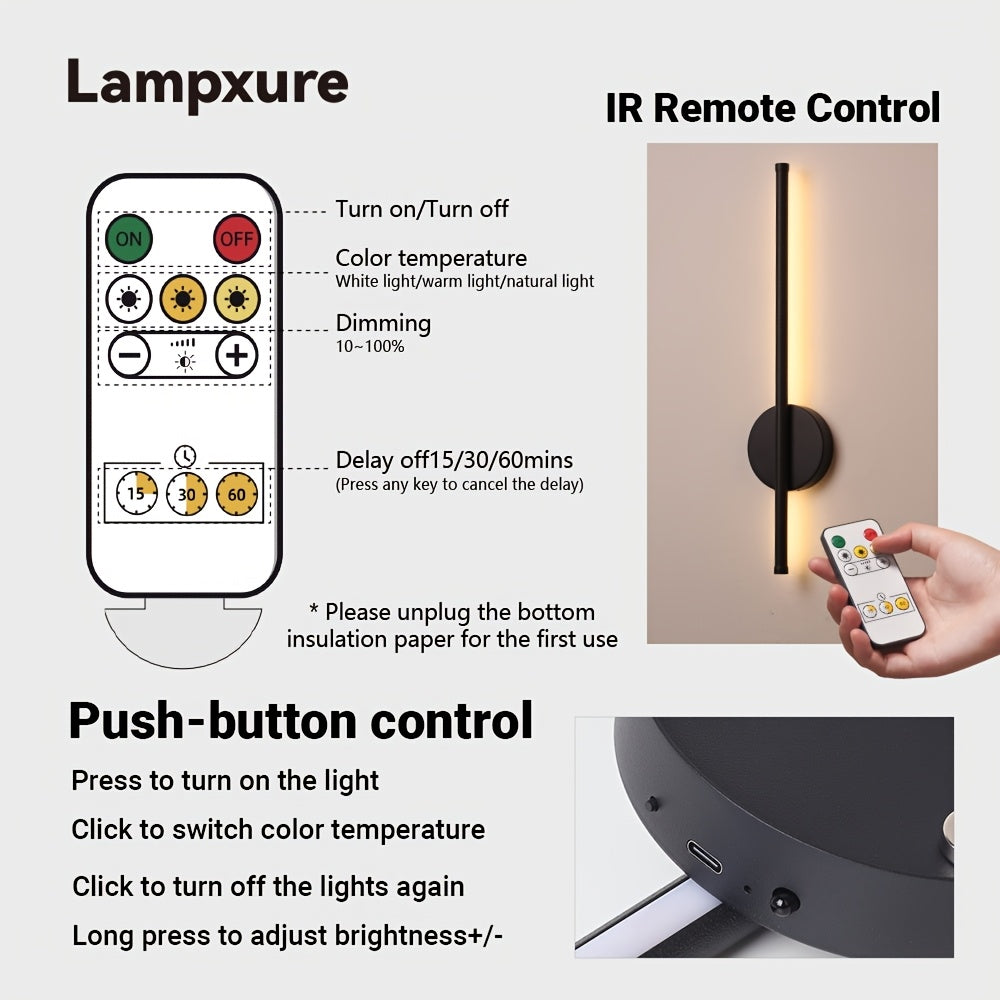 50cm Type-C Rechargeable Wall Light Black with Remote Control Dimmable, Adjustable Color Temperature, Timer Function, Drill-Free Magnetic Installation, Suitable for Bedroom, Study, Living Room, Stairwell