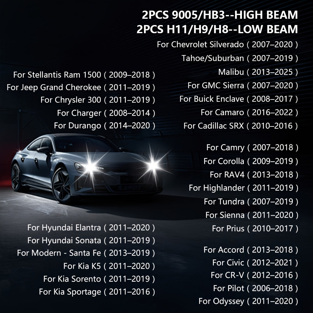 4-Pack, 2Pcs 9005 + 2Pcs H11, H4 Car LED Headlights, H7 LED Bulbs, 120,000 Lumens, Low/High Beam, H1, H4/9003/HB2, H7/H18, H8/H9/H11/H16, 9005/HB3, 9006/HB4, 9012/HIR2, 12V/24V, with External Driver, No Battery Needed