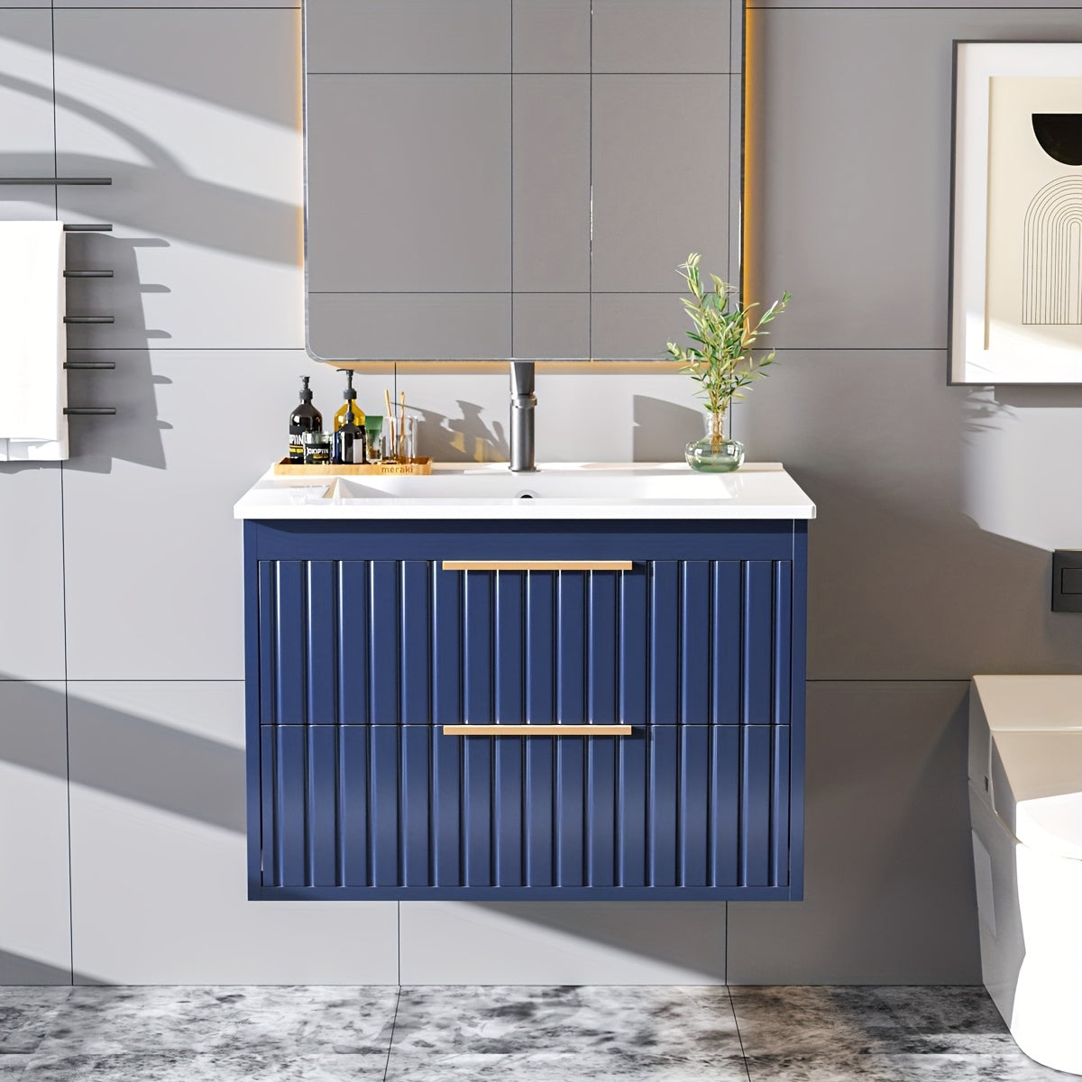 Bathroom Vanity with Sink - Wall Mount Floating Basin Cabinet, Soft-Close 2 Large Drawers, Modern Textured Stripe Design, Hidden Damping Drawers