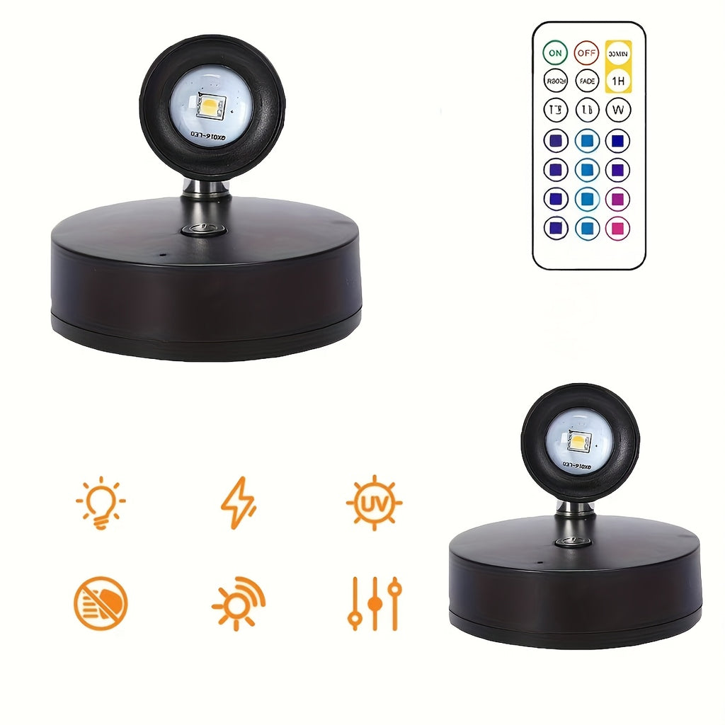 Remote Control Ambient Spotlight, Adjustable Multi-Color Night Light, Creative Lens 360° Rotatable Wall Lamp, 3 AA Battery Powered, Dimmable Stick-On Decorative Spotlight for Indoor Decoration