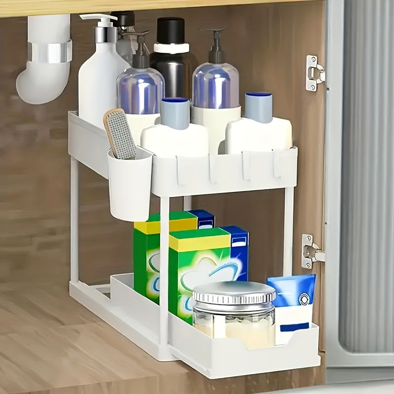 Multi-functional Pull-out Under Sink Organizer and Storage, Suitable for Bathroom & Kitchen, 2-Tier Sliding Cabinet Basket, Bathroom Cabinet Storage Box with Hooks, Storage Cup, Home Kitchen Accessories
