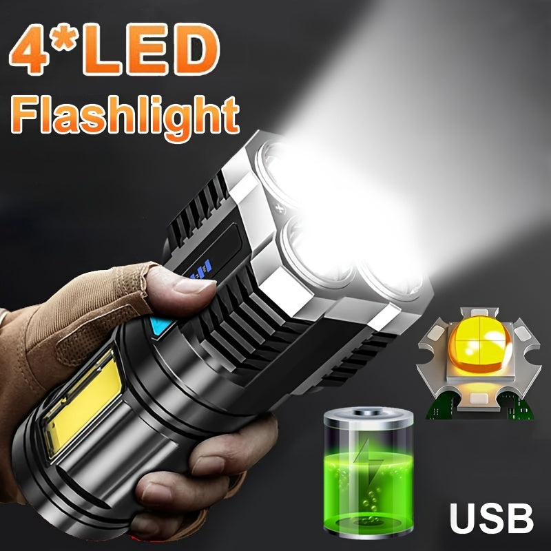 1PC 4LED Flashlight with COB Side Light, 4 Lighting Modes USB Rechargeable, Camping Tool, Plastic Material