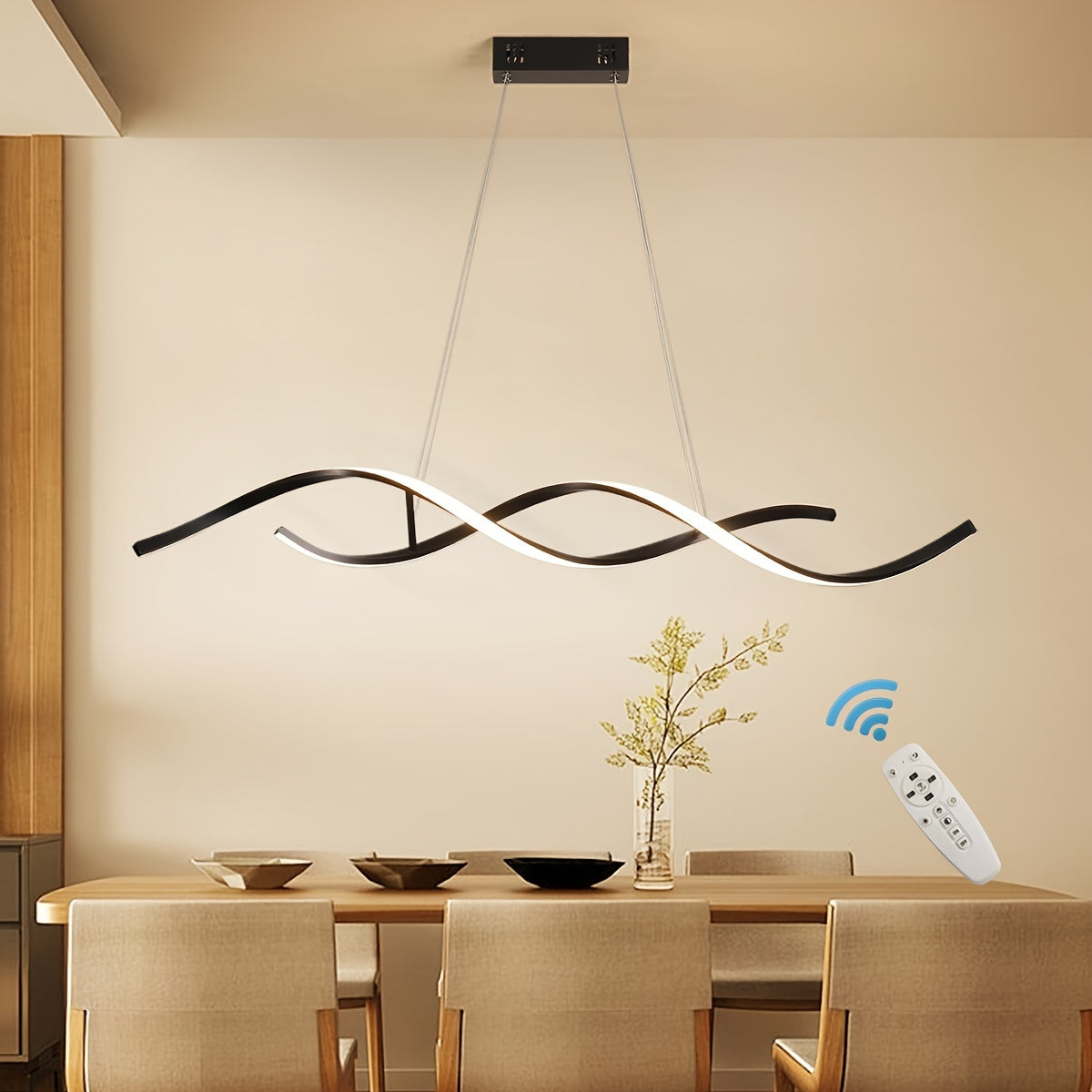 Qcyuui adjustable height hanging light fixture, modern pendant lighting adjustable wave-shaped flush-mount LED pendant light, with remote control, suitable for dining room, kitchen island, living room, kitchen lighting, home lighting