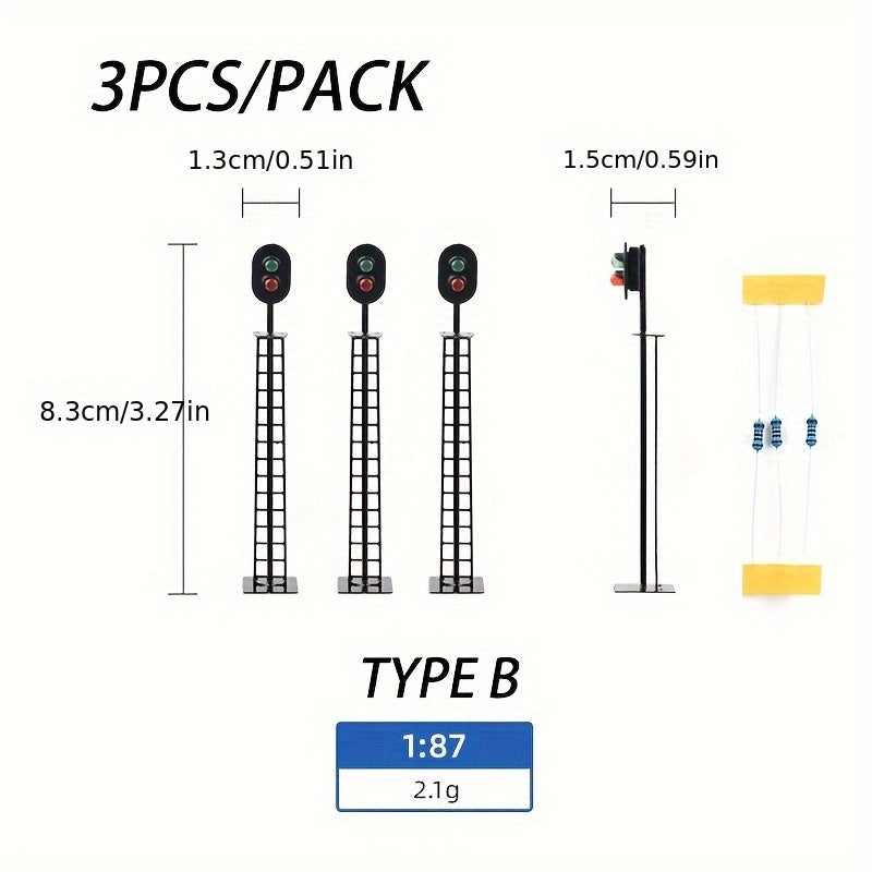 3-Pack HO Scale 1:87 12V Railway Track Signal Light, Green Red Yellow Square LED Traffic Light, 2-Light 3-Light Layout