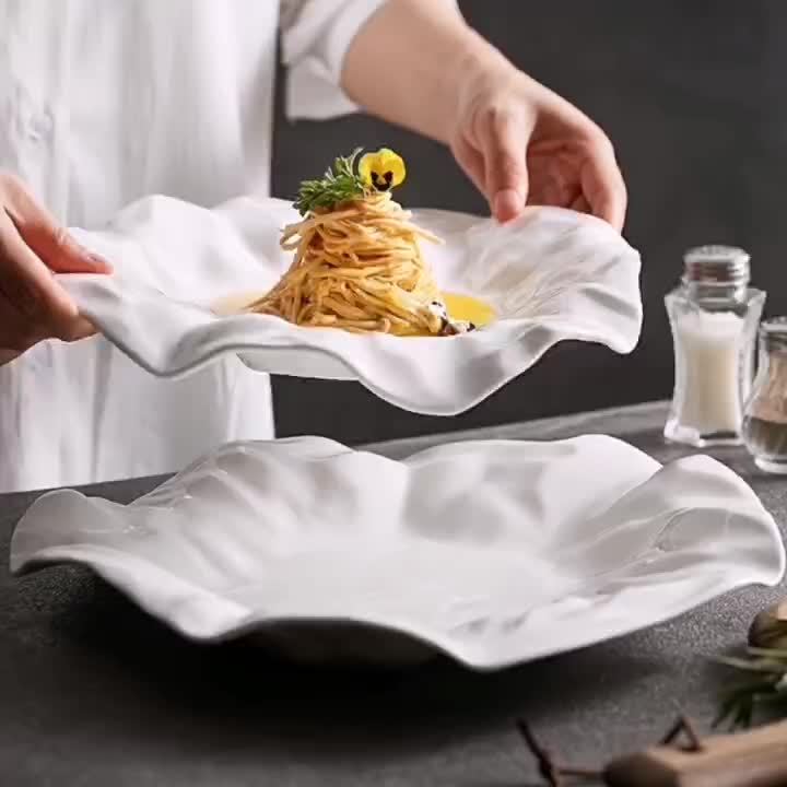 1 pc, Creative Pleated White Ceramic Dinner Plate, Hotel Serving Plate, Pasta Plate, Dessert Plate, Restaurant Commercial Plate, Dessert Tray, Sashimi & Sushi Platter