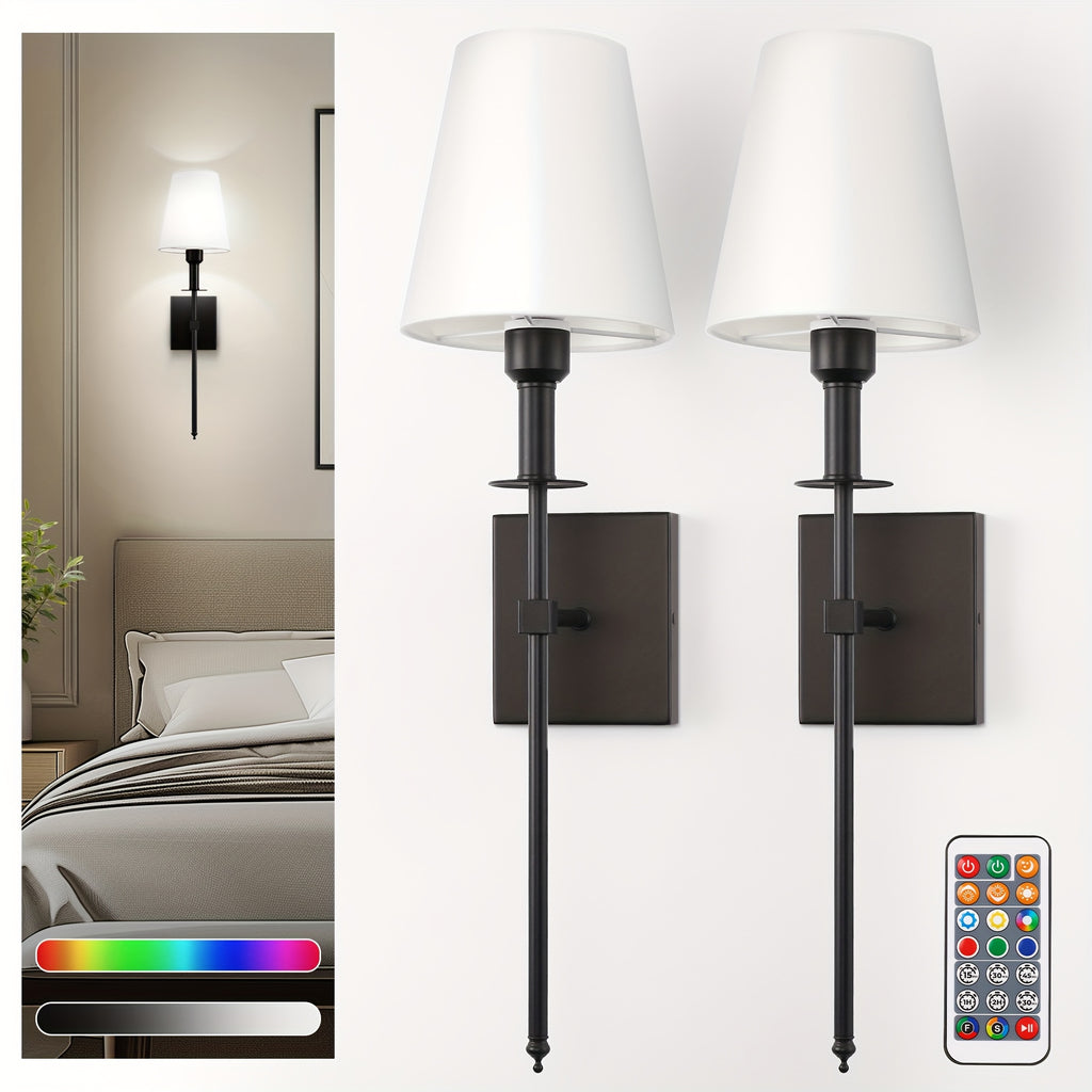 Upgraded RGB remote control wall light, equipped with rechargeable battery and white fabric lampshade, suitable for home decoration scenes such as bedroom, living room, game room. Designed with E26 lamp holder
