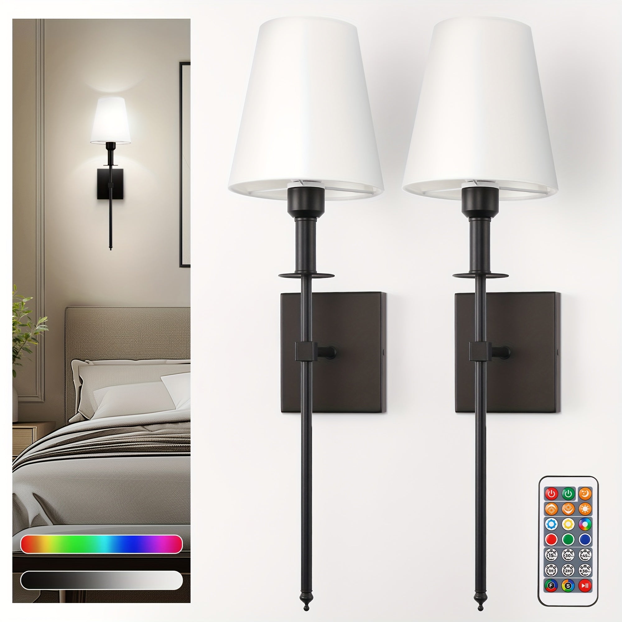 Upgraded RGB remote control wall light, equipped with rechargeable battery and white fabric lampshade, suitable for home decoration scenes such as bedroom, living room, game room. Designed with E26 lamp holder