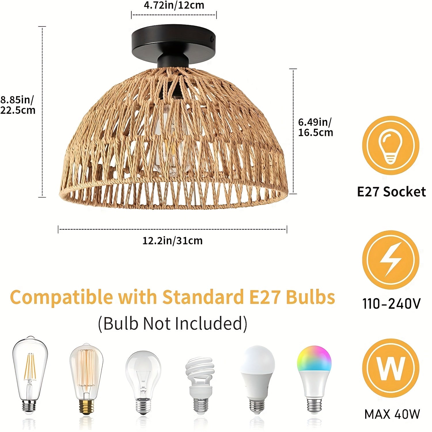 1 Bohemian Style Rattan Lamp with E27 Socket - Handwoven Rope Design, Semi-Flush Mount, Suitable for Bedroom, Hallway, Kitchen, Living Room, Dining Room Pendant Light, Rustic Coastal Style