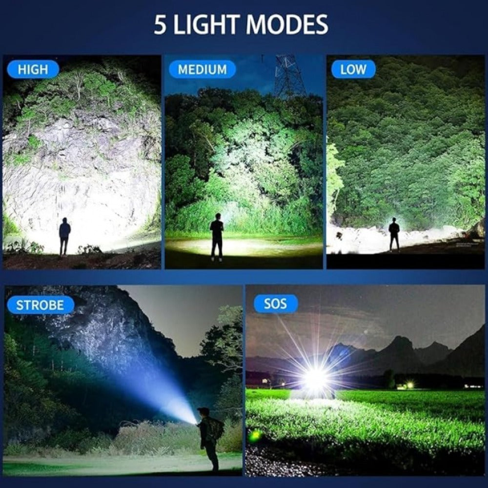 Powerful Rechargeable Flashlight, IP65 Waterproof, High Lumen LED Tactical Design, Zoom Function, Digital Power Indicator, Type-C Fast Charging, Ideal Portable Handheld Light for Camping, Hiking and Emergency Situations