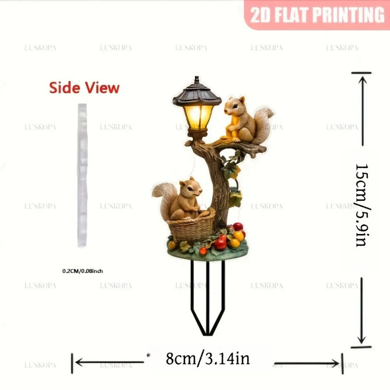 2D Flat, 1pc Bohemian Style Whimsical Squirrel & Tree Light Outdoor Garden Ground Insert Decoration - All-Weather Lawn Decor, Perfect for Courtyard, Patio, Squirrel Themed Landscape Art, with Hanging Lantern and Bird‘s Nest