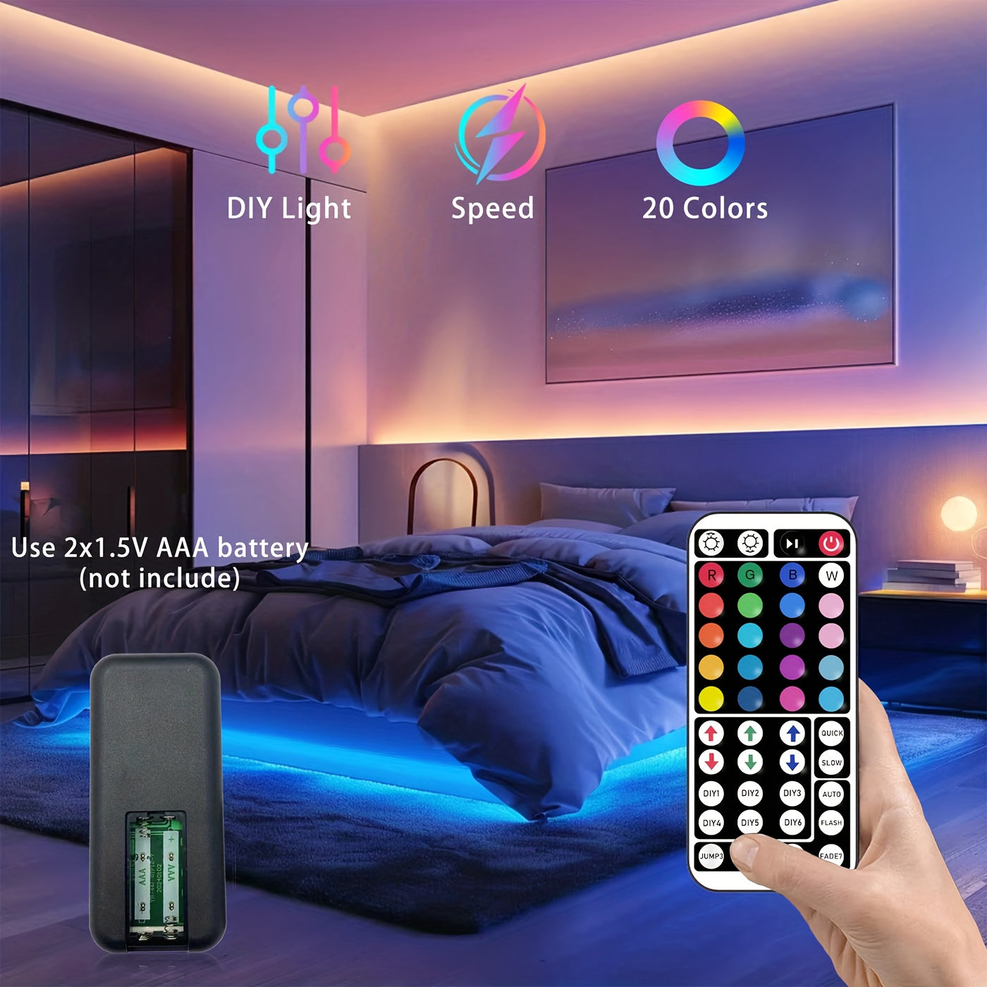 3.28英尺-100英尺 RGB LED灯带，带遥控器，可调节颜色变化，柔性设计，适用于卧室、厨房、天花板和房间氛围照明 - 节能