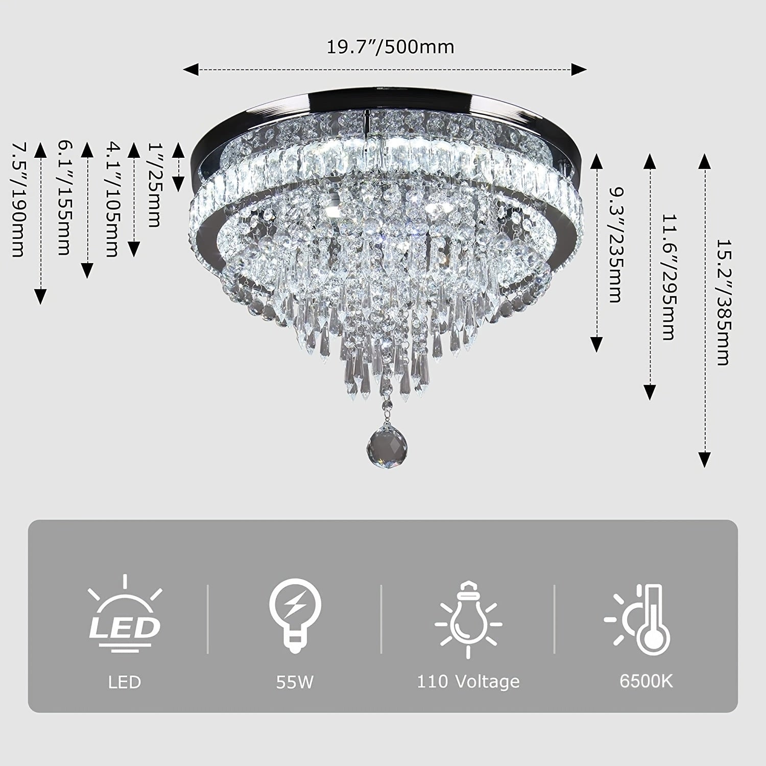 19.7-Inch Crystal Chandelier Crystal Ceiling Light LED Recessed Light Modern Pendant Light Suitable for Living Room Bedroom Dining Room (Cool White), Bedroom Chandelier, Fashion Chandelier, Elegant Chandelier