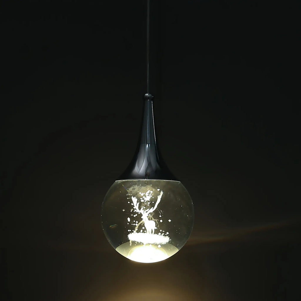 Modern chrome gold spherical LED pendant light, with 3D antler crystal lampshade — adjustable hanging height, warm light 3200K, suitable for kitchen island, dining room or bar, elegant droplet shape, kitchen island lighting