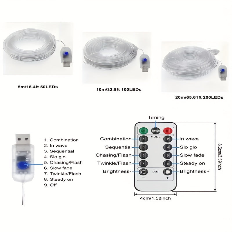 A 50/100/200 LED USB soft light strip, lengths 196.85in / 393.7in / 787.4in, with 8 modes, USB remote control fairy light, suitable for Christmas decoration, camping tents, wedding parties, trees, gardens, bedrooms