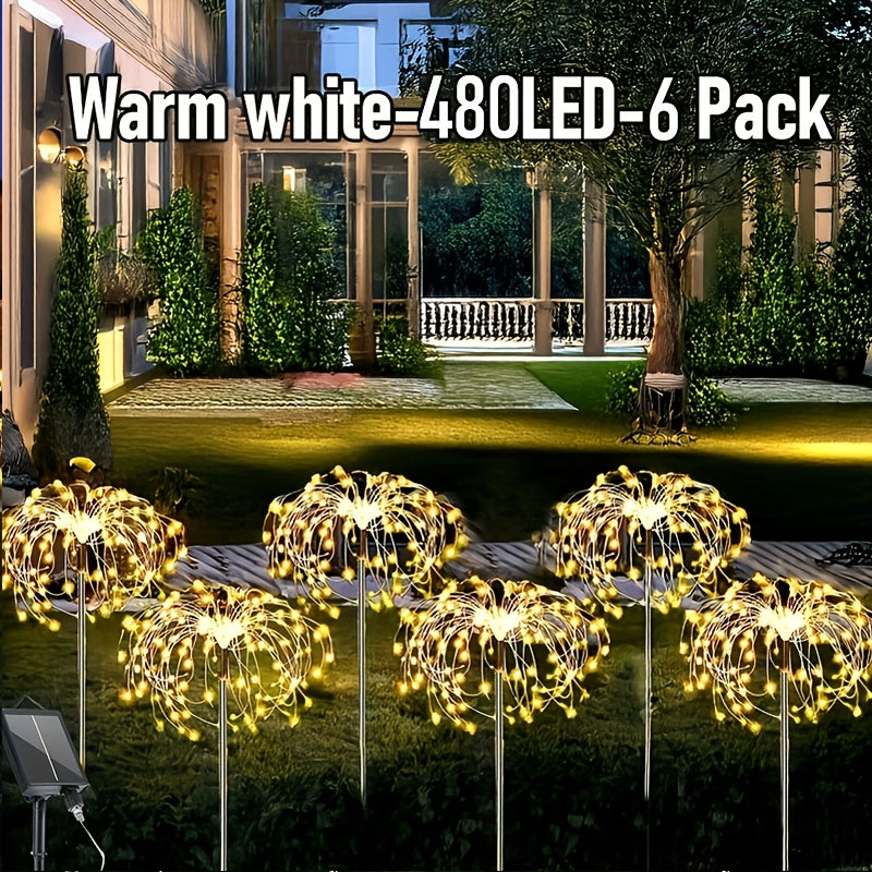 6个装 480LED，4个装 320/240LED，1个装 - 60LED 户外太阳能烟花灯，户外照明草坪灯，花园灯，8种闪烁灯光模式童话灯，适用于庭院、小路、甲板景观照明（多色，暖白）