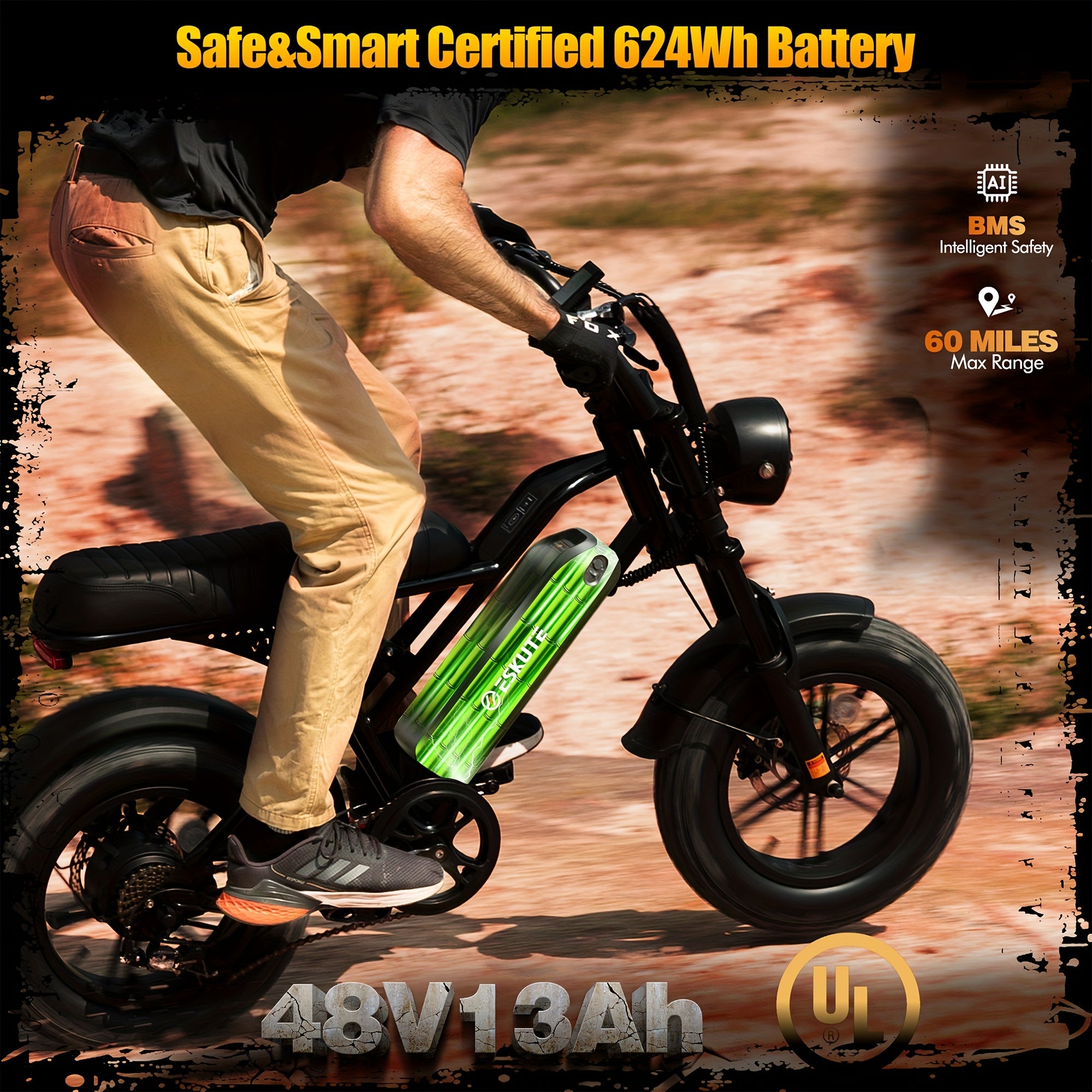 ESKUTE V100 成人电动自行车 | 749W 额定功率电机，27.9MPH 最高速度，最大行驶距离达 60 英里，16 英寸大轮，48V 13Ah 电池，7 速，全地形双悬挂，都市风格