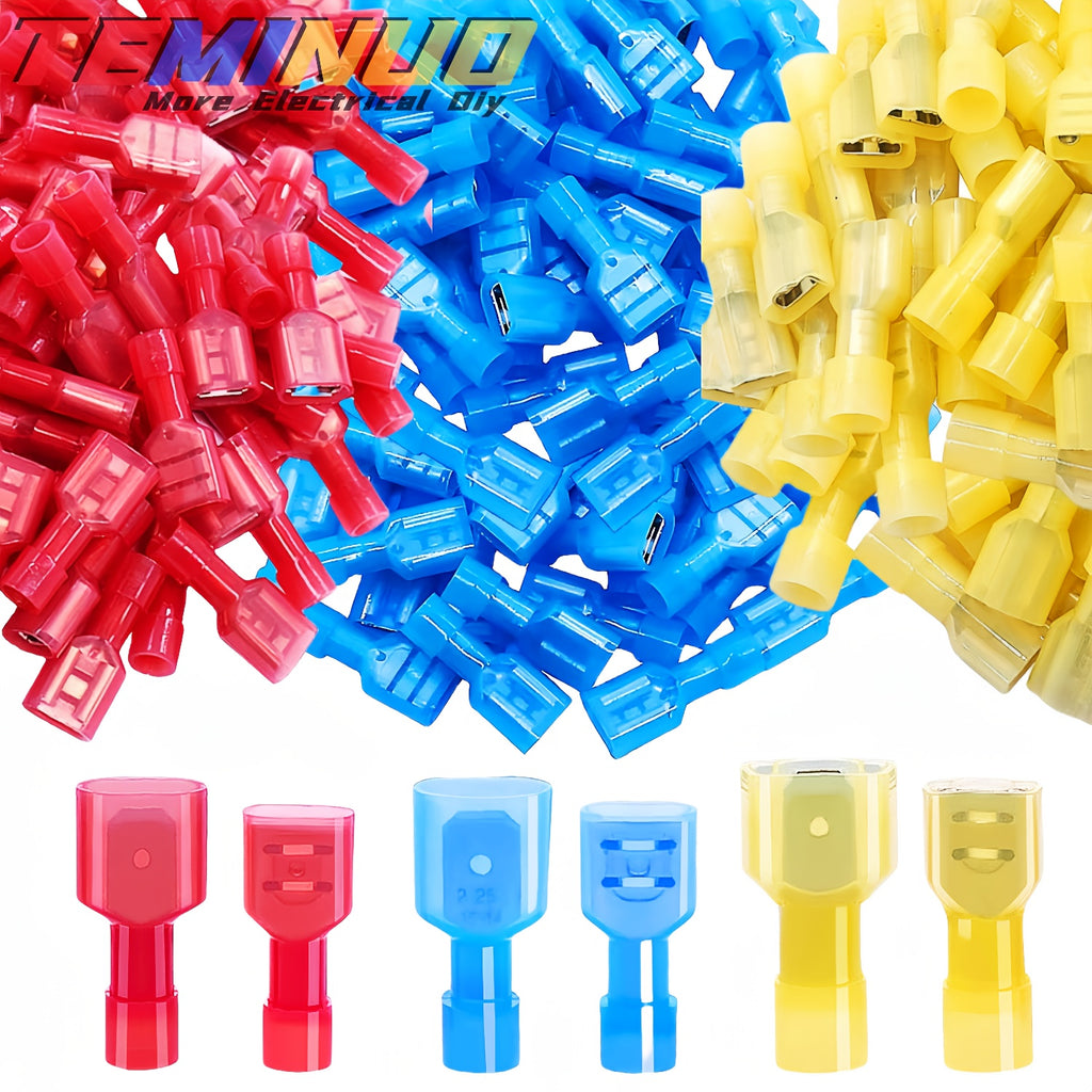 100/80/60pcs Nylon Spade Electrical Wire Connectors | 22-10 AWG Fully Insulated Terminals, Male & Female Crimp Connector Kit for Speaker Car Stereo Wiring, Industrial Quick Connect/Disconnect Wire Assortment, Red Blue Yellow Color