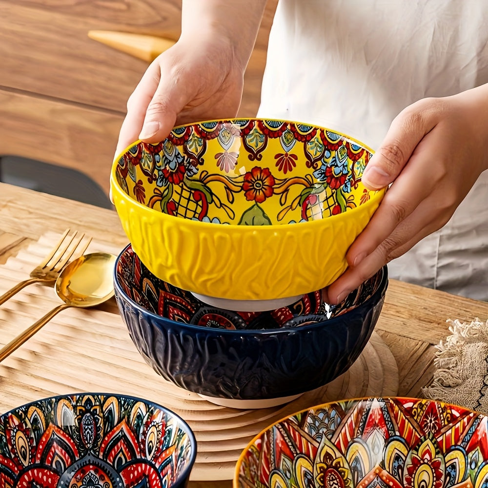 4-Piece Bohemian Style Ceramic Bowl Set, 6.5-Inch, Pattern Design, Striped Salad Bowl, Multi-Purpose – Perfect for Cereal, Soup, Oatmeal, Pasta Bowl, Large Salad Bowl