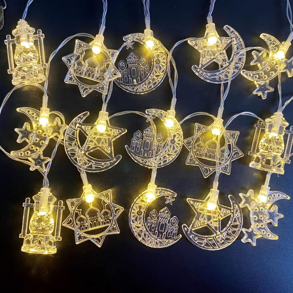 1pc LED رمضان城月亮和星星煤油灯串灯，59.0英寸/10LEDs，用于家庭室内墙壁吊灯，春夏节日和活动；完美的穆斯林气氛装饰灯串灯节日派对气氛装饰灯串灯-电池供电