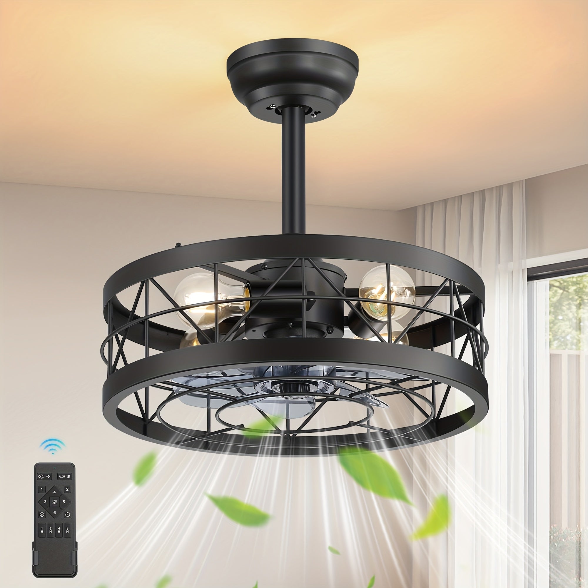 Caged Ceiling Fan with Light, 16.5In Farmhouse Enclosed Ceiling Fan, Remote Control, 6Speed, Black Industrial Ceiling Fan Light, Rural Farmhouse Ceiling Fan Light, for Indoor Bedroom Kitchen Dining Room