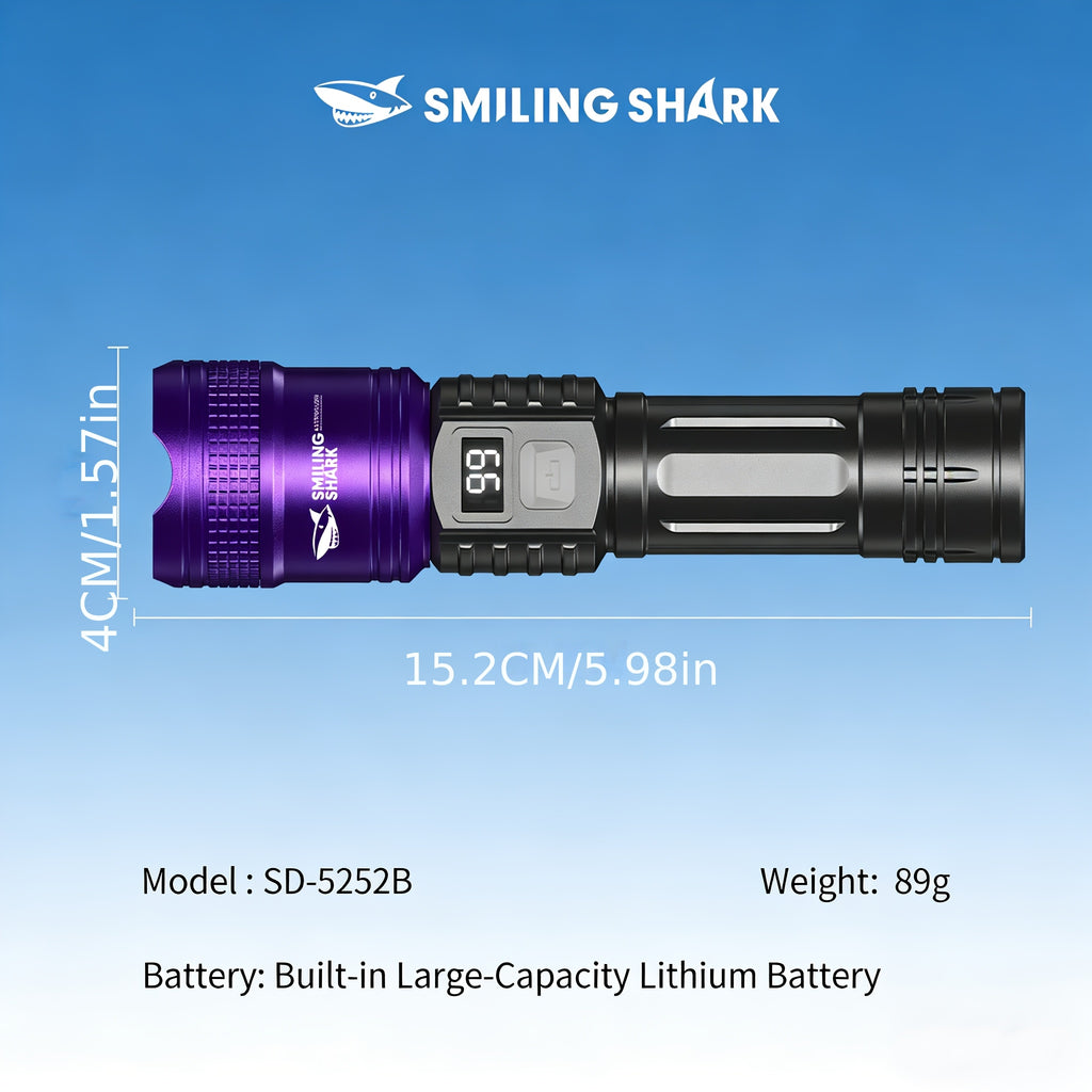 2-Pack Smiling Shark Rechargeable UV Flashlight | Xpe+395nm Purple Light, Retractable Focus Zoomable Flashlight, Detects Hidden Stains & Pet Soils, Lightweight & Portable, Built-in Lithium Battery, Long-Lasting, Ideal for Camping, Work & Travel