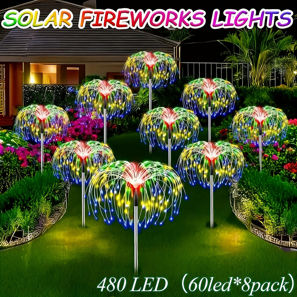 8包装480LED户外太阳能花园灯，升级版户外太阳能智能烟花灯，8种照明模式，适合花园庭院户外装饰，万圣节圣诞节户外装饰，配备智能传感器——光感传感器