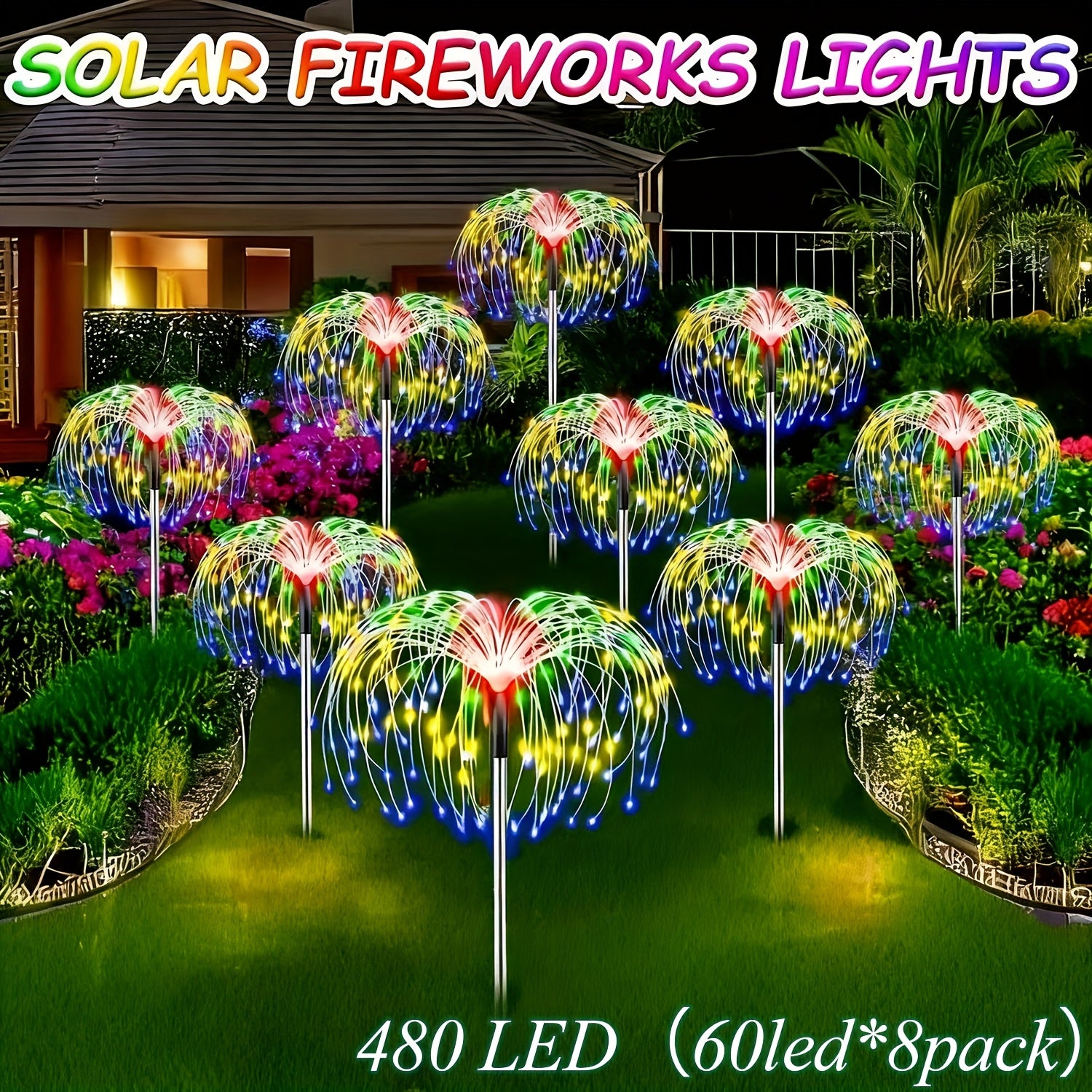 8包装480LED户外太阳能花园灯，升级版户外太阳能智能烟花灯，8种照明模式，适合花园庭院户外装饰，万圣节圣诞节户外装饰，配备智能传感器——光感传感器