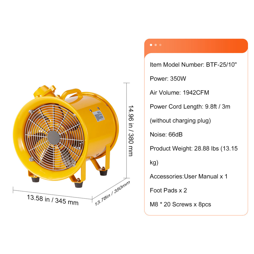 VEVOR Portable Ventilator, 10 Inch Heavy-Duty Cylinder Fan, 350W Powerful Exhaust Fan 1942CFM, 9.8ft Power Cord (No Charger), Industrial Dust & Smoke Blower for Home and Workplace