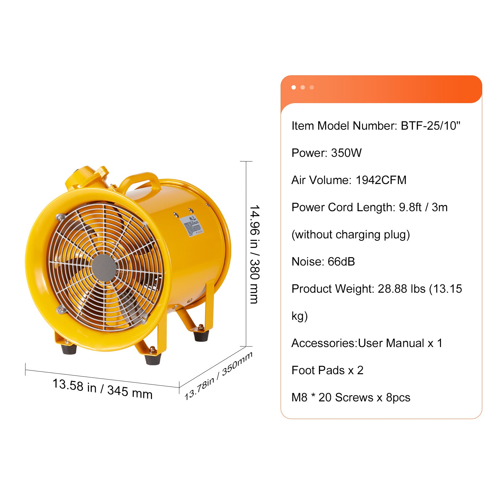 VEVOR Portable Ventilator, 10 Inch Heavy-Duty Cylinder Fan, 350W Powerful Exhaust Fan 1942CFM, 9.8ft Power Cord (No Charger), Industrial Dust & Smoke Blower for Home and Workplace