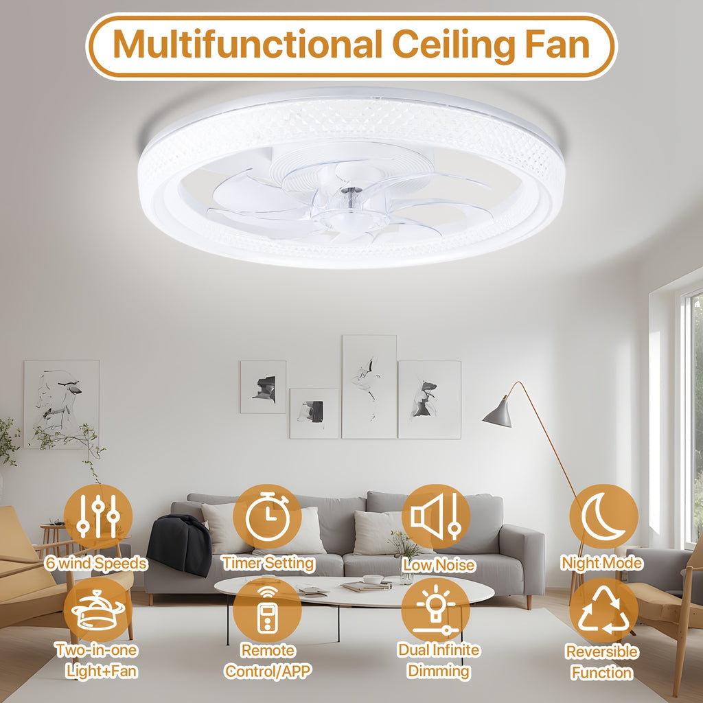 Remote Control Ceiling Fan with Light, 20 Inch Flush Mount Bladeless Ceiling Fan, 3000K-6500K Stepless Dimmable LED Light, 6 Wind Speed Levels, Modern Style Fan Light, for Bedroom, Kitchen, Living Room