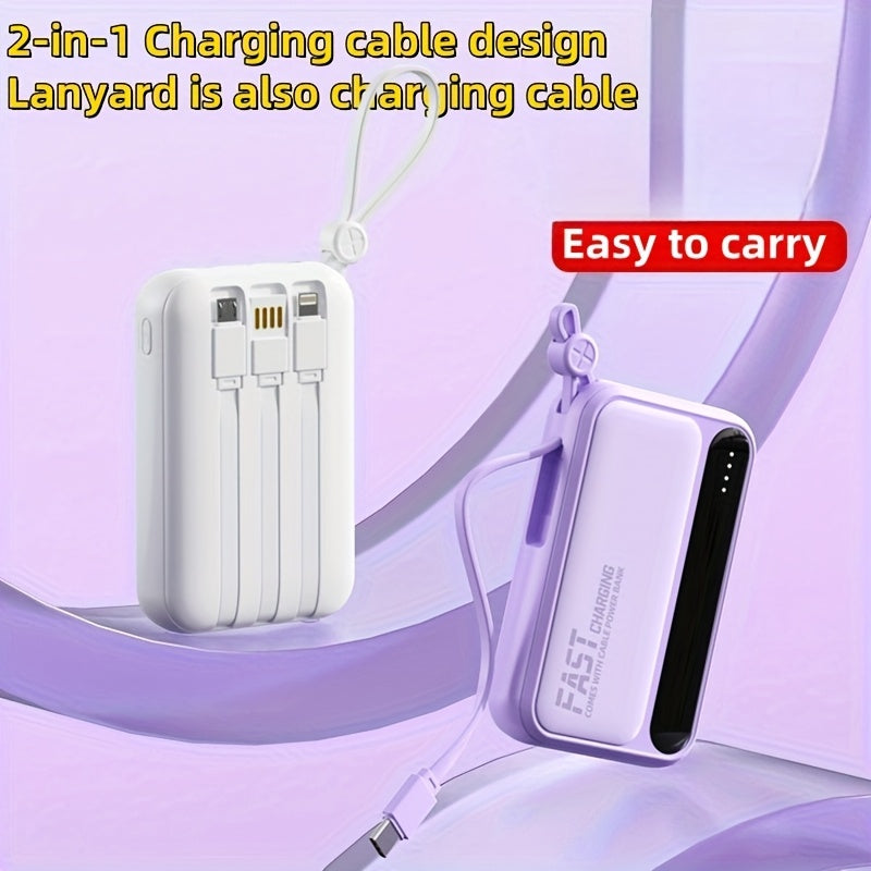 這是一款可愛設計的超薄 10000mAh 電池，提供 5-15-22.5W 超快充。它具有大容量、可充電功能，並配備四條內建充電線。