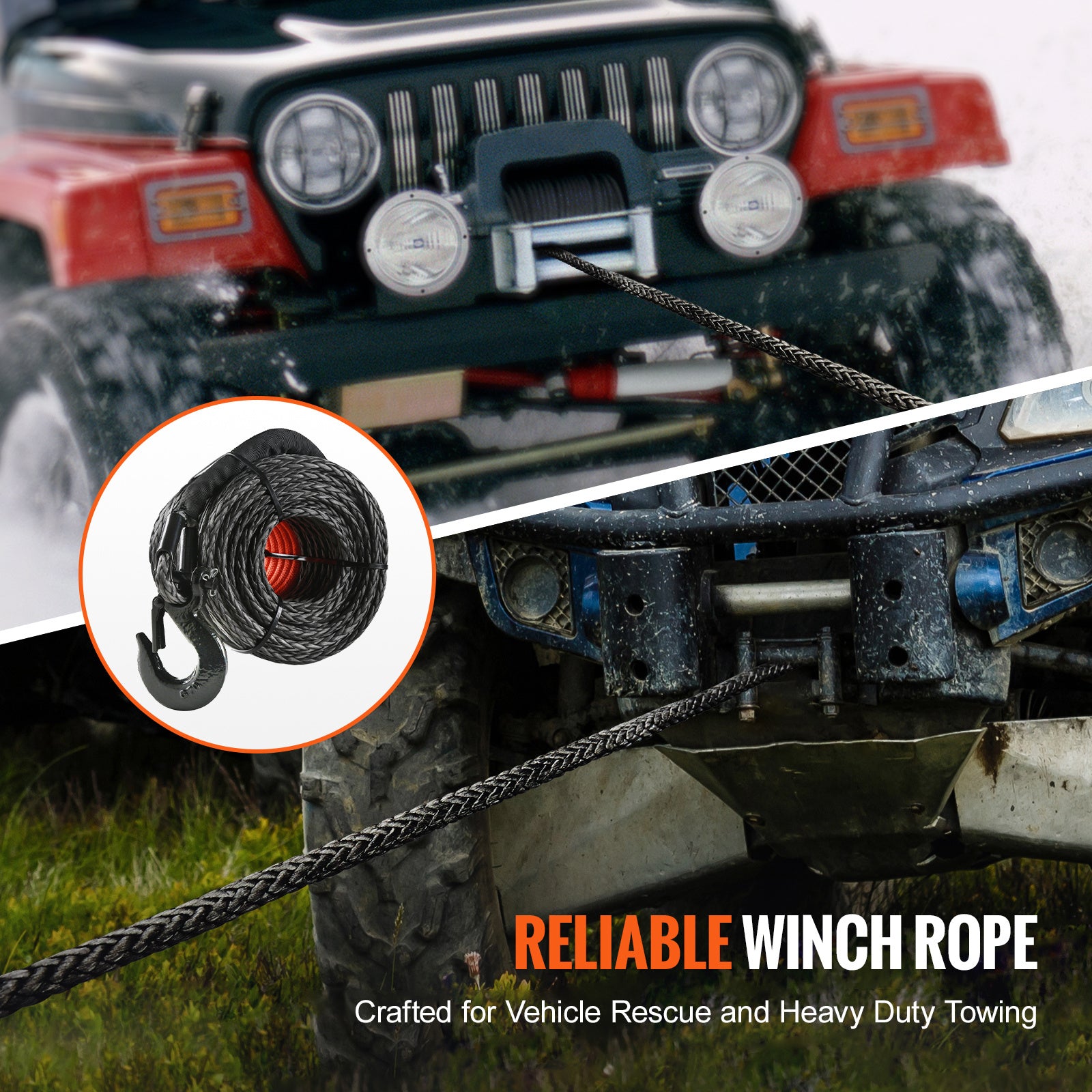 VEVOR Synthetic Winch Rope, 3/16″ / 3/8″ / 1/2″ x 50ft / 85ft / 92ft / 100ft 8,350lbs Synthetic Winch Cable Rope with Protective Sleeve + Stopper + Forged Winch Hook + Pull Strap, Universal for ATV, UTV, Vehicle Trailer