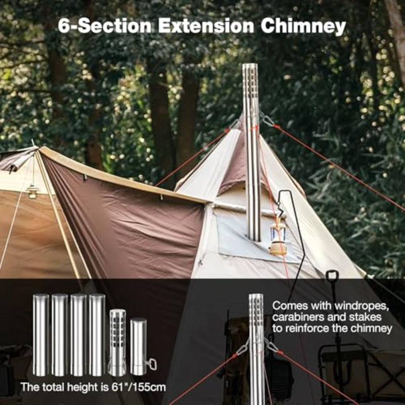 Portable Windproof Chimney Wood Stove, Includes Gloves & Tent Rope, Camping Wood Stove for Tent Shelter, Outdoor Cooking & Heating, Black