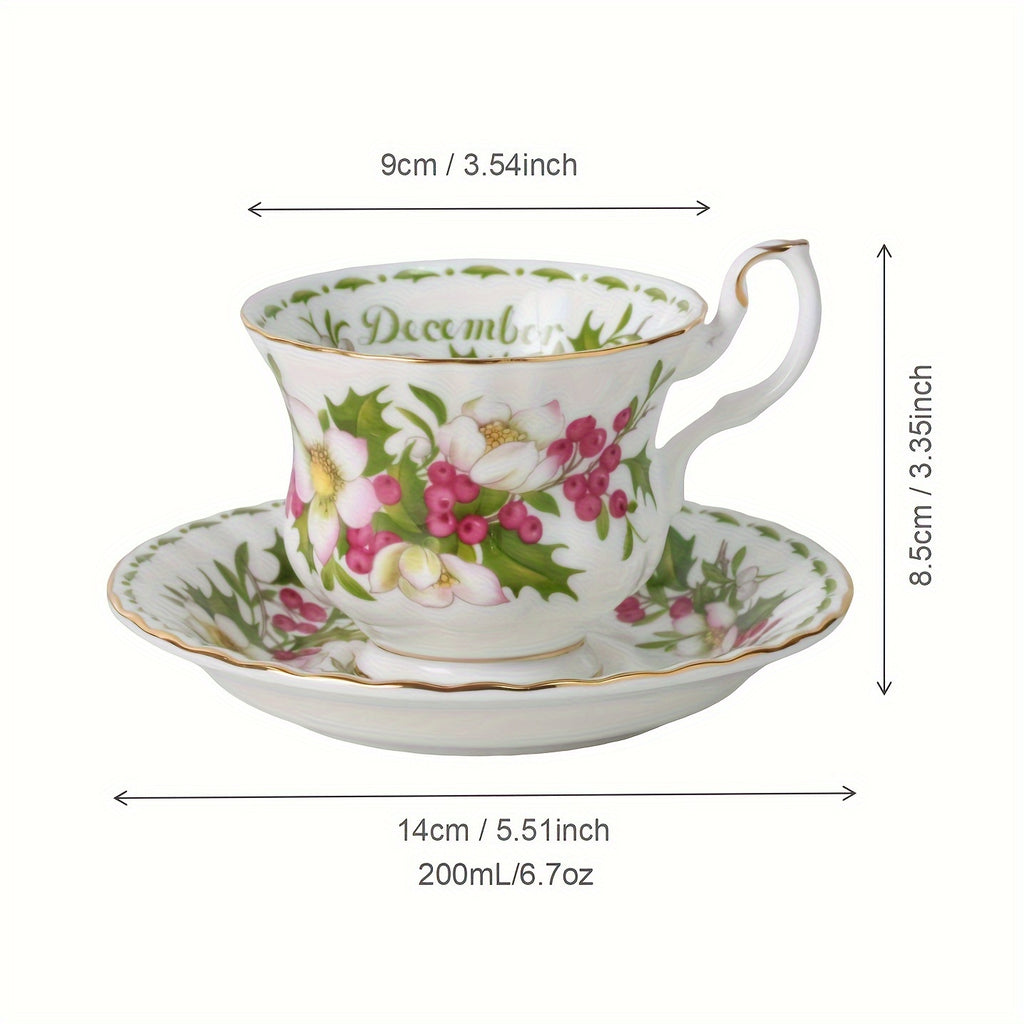 1pc Elegant Twelve Months Flower Tea Cup & Saucer, 6oz Vintage Bone China Coffee Cup & Saucer, Easy to Clean – Perfect for Afternoon Tea Parties, Birthday Parties, Birthday Gifts, Valentine‘s Day Gifts