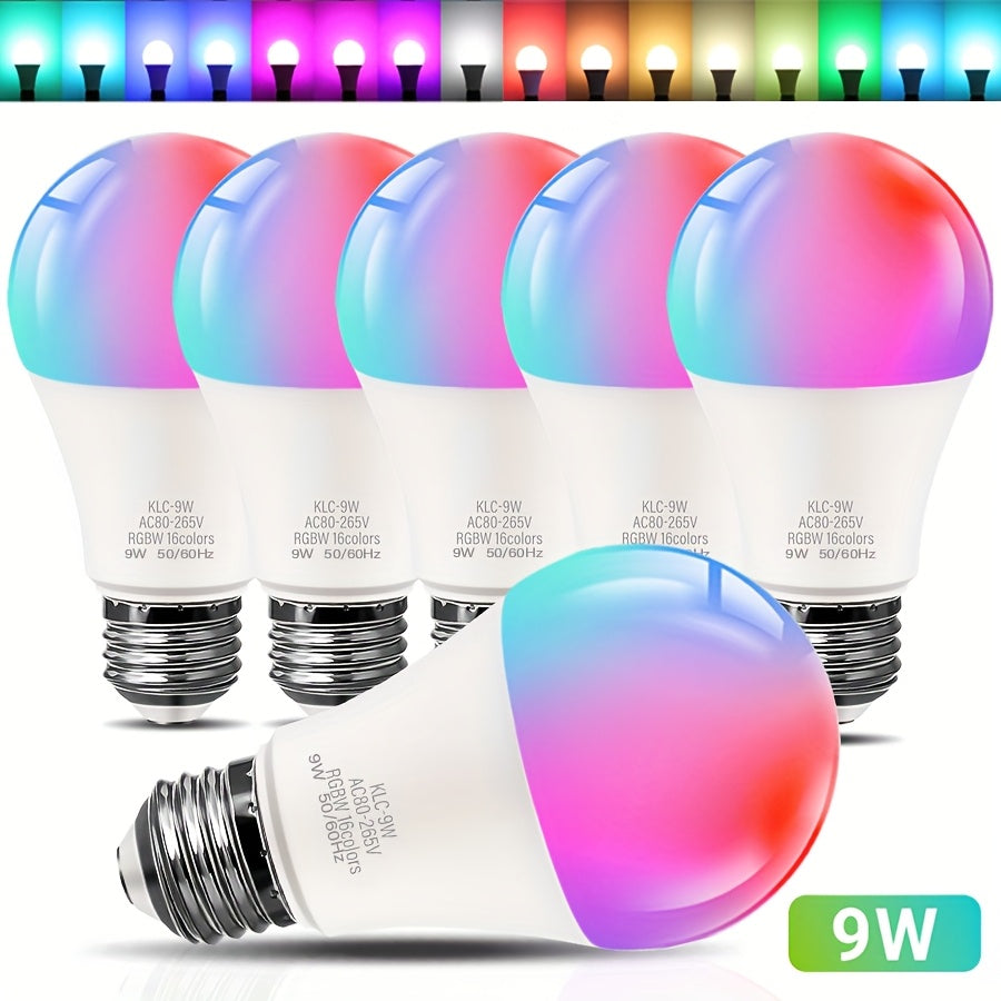 Kasotile dimmable E26/27 warm white LED bulb, 9W RGBW 600LM, 16 color changing modes, suitable for Christmas, parties and other occasions, with remote control, 6-pack
