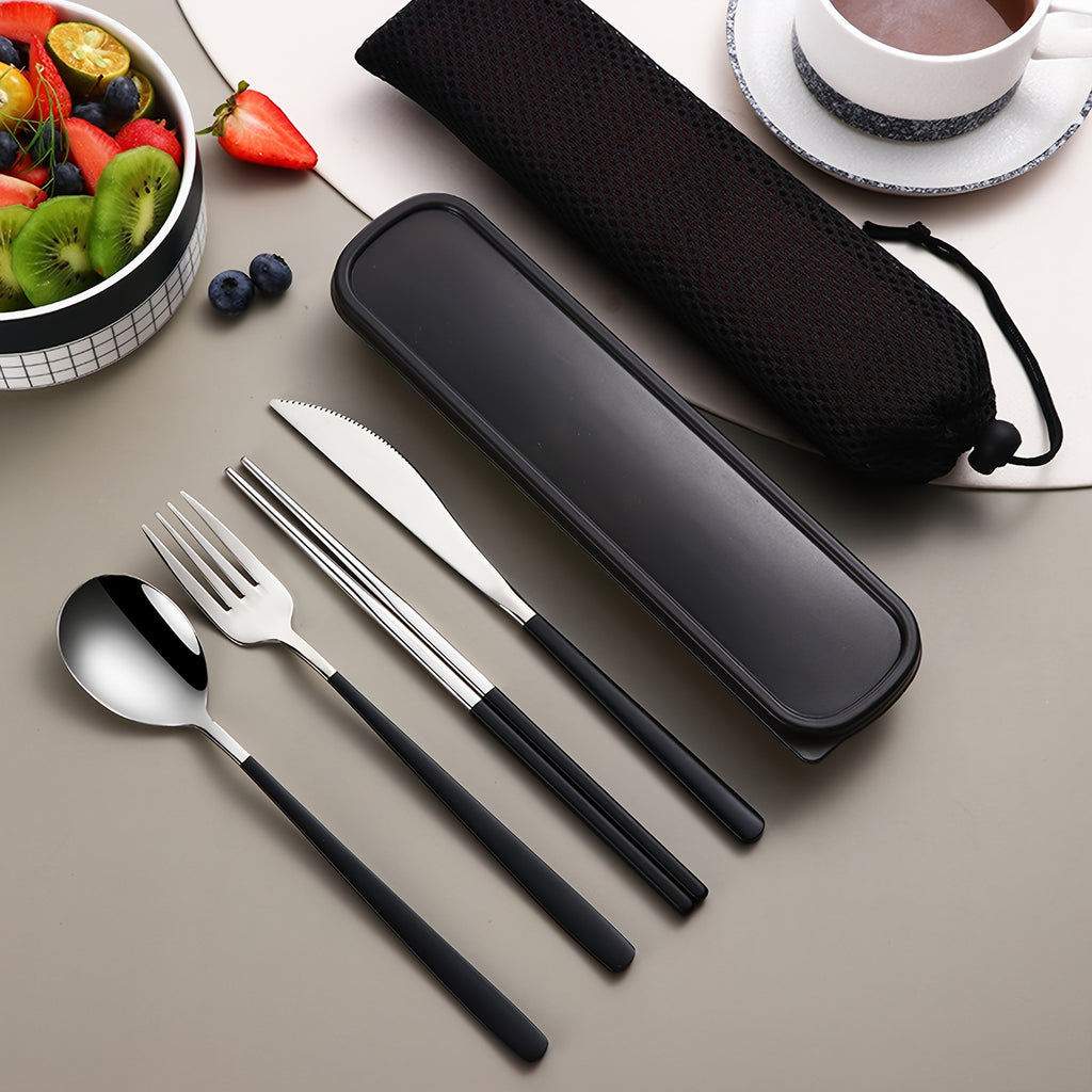 4pcs Stainless Steel Cutlery Set – Bright Polished Thickened Round Handle Dinner Knife, Chopsticks, Spoon, Fork Set – Portable Cutlery Box for Students, Outdoor Dining, Picnics