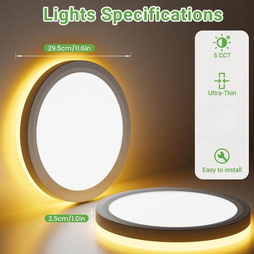 12-Inch LED Embedded Ceiling Light 3 Modes, Night Light 1800K Warm Light, Ultra-Thin 2700K-6500K Modern Ceiling Light, Suitable for Bedroom, Kitchen, Dining Room, White