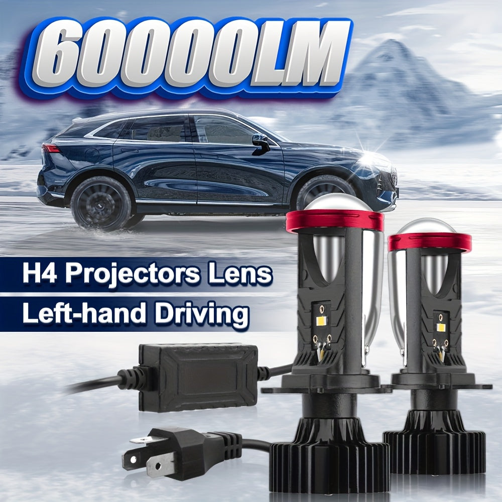 2 H4 High/Low Integrated Headlight Bulbs, 60000 Lumens 250W 3570 CSP Chip New LED Projector Lens, 6000K White Super Bright Light, for Left-Hand Drive